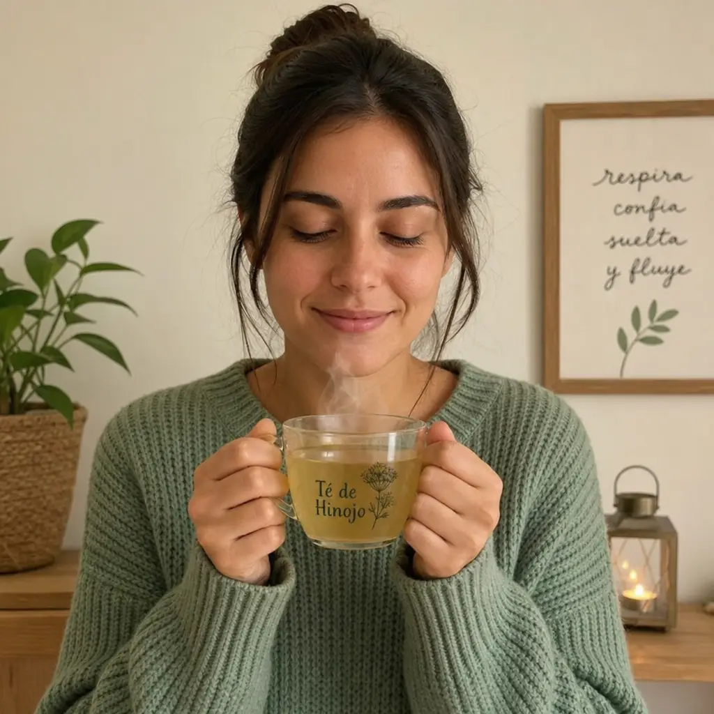 Persona sosteniendo una taza de té de hinojo humeante con ambas manos