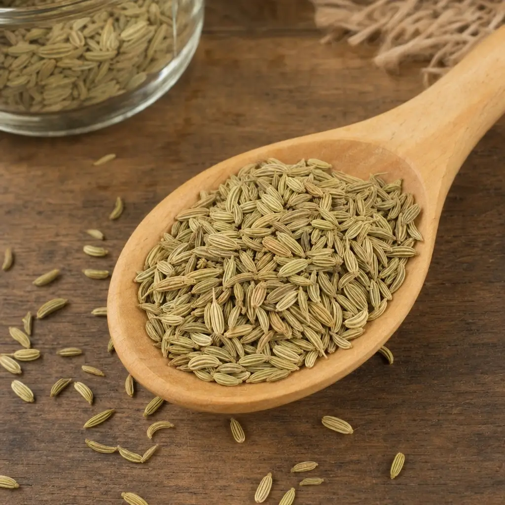 Cuchara de madera con semillas secas de hinojo listas para hacer infusión