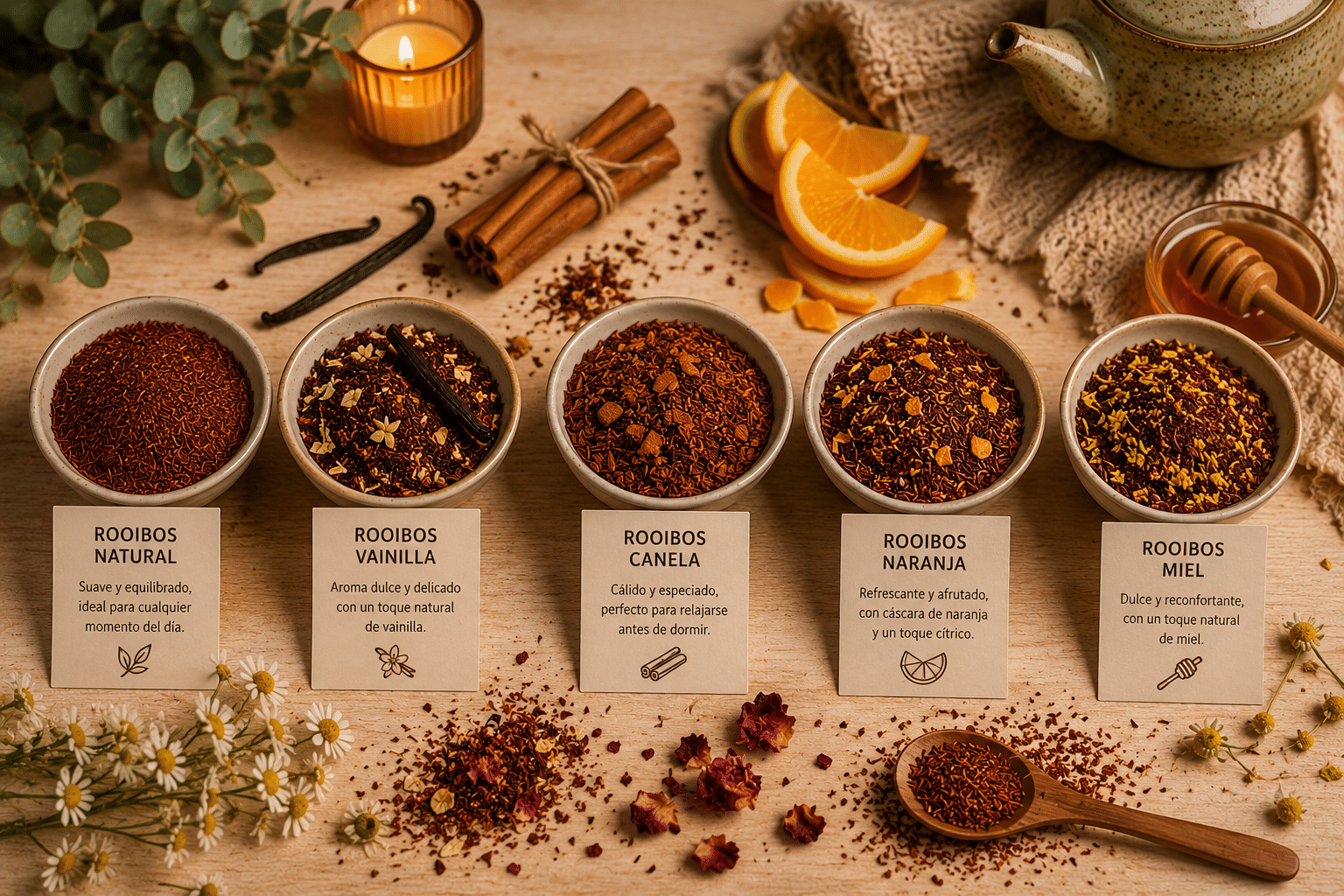 Diferentes variedades de té rooibos para consumir por la noche