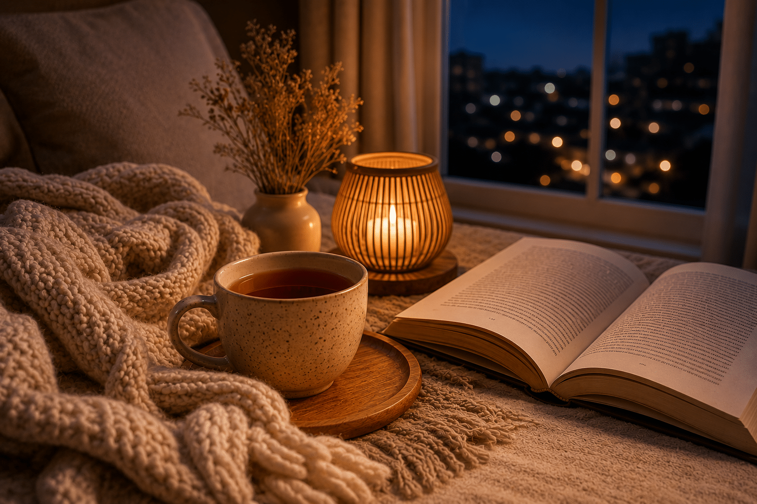Rooibos para dormir acompañado de una manta y libro