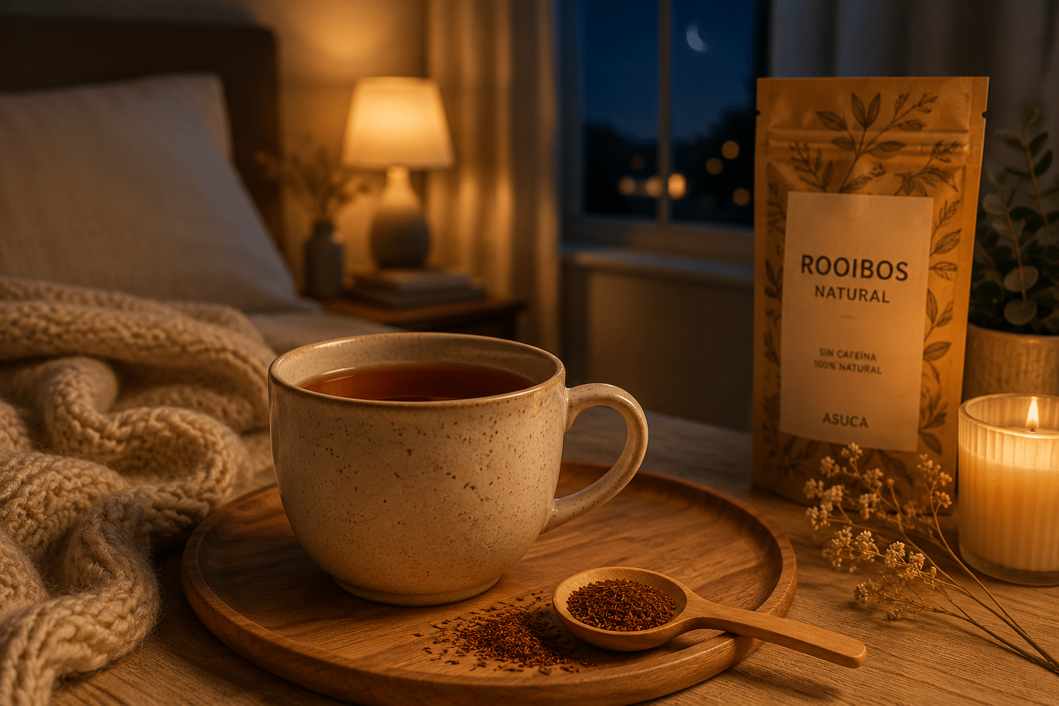 Taza de rooibos para dormir junto a una manta cálida
