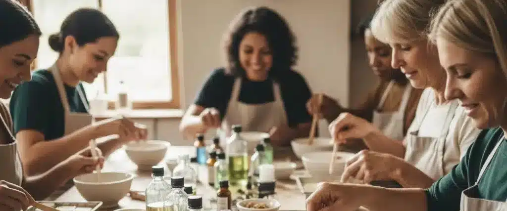 Grupo de mujeres sonrientes mezclando ingredientes en boles durante un taller práctico de elaboración de cosmética natural en Asucate.