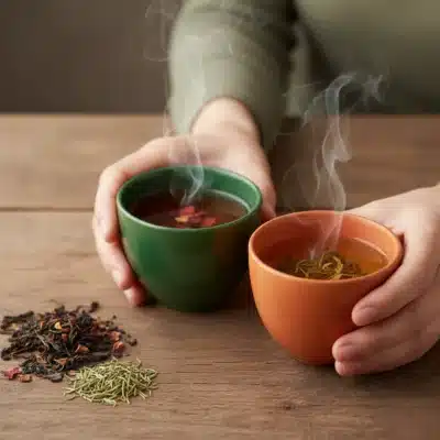 Dos tazas de té caliente humeantes, una verde y una naranja, sostenidas durante el curso de cata de infusiones en Asucate.