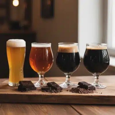 Cuatro tipos de cerveza artesanal en copas de cata junto a tabletas y virutas de chocolate negro, listas para el maridaje en Asucate.