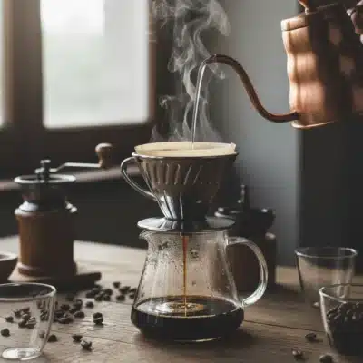 Preparación de café de goteo (pour-over) con agua hirviendo vertiéndose sobre el filtro, ilustrando el Curso con Cata de Café de Asucate.