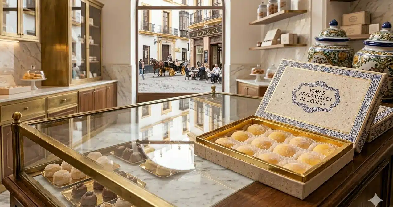 Caja de dulces artesanales Sevilla en una tienda gourmet del centro histórico
