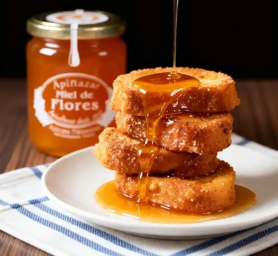 Torrijas recién hechas con miel cayendo por encima. Miel para torrijas.