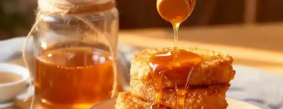 miel para torrijas cayendo sobre torrijas caseras recién hechas