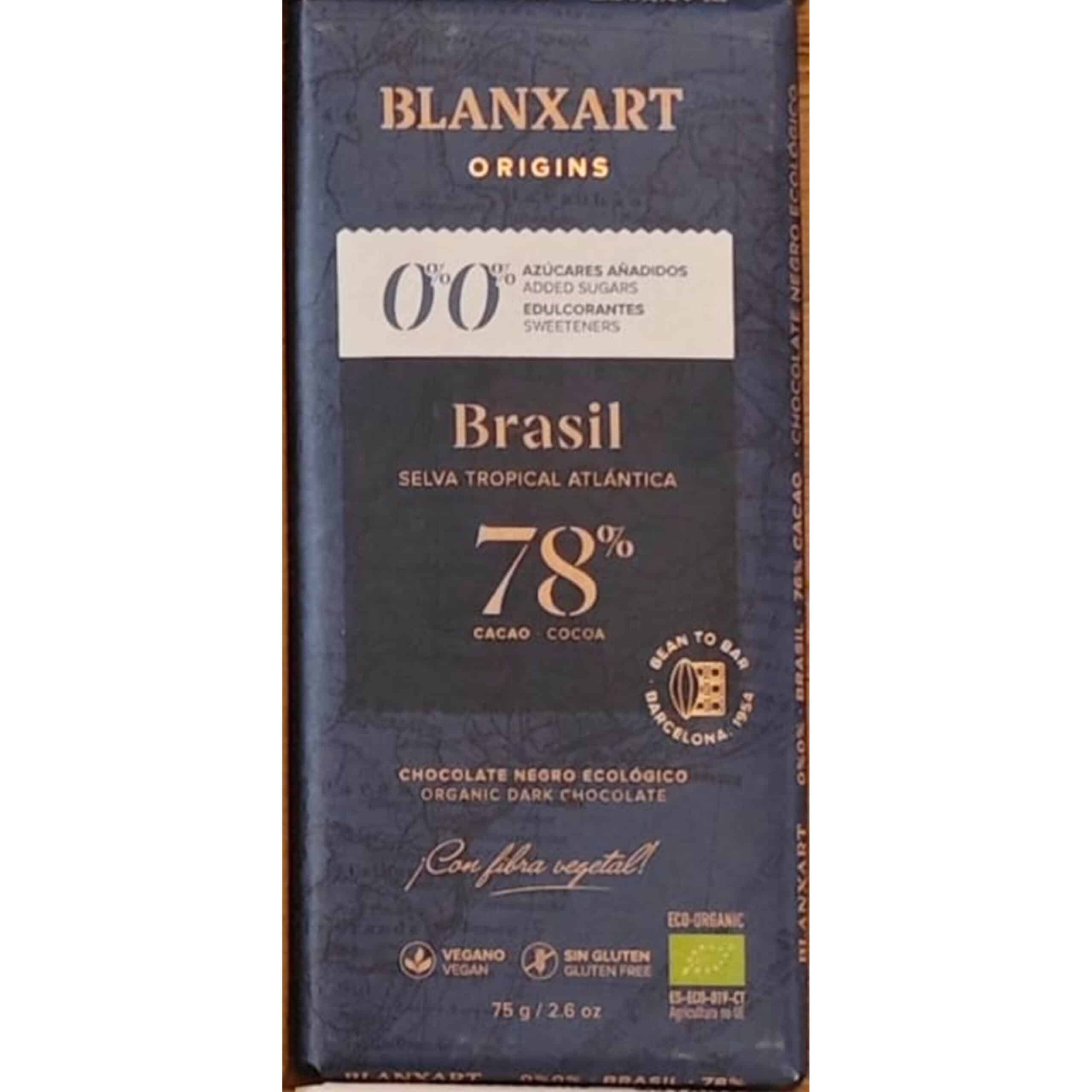 TABLETA CHOCOLATE ECOLÓGICO 78% CACAO BRASIL SIN AZÚCARES AÑADIDOS NI EDULCORANTES