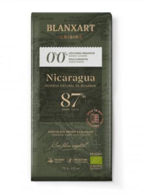 Tableta de chocolate negro ecológico Blanxart 87% cacao, de origen Nicaragua, sin azúcares ni edulcorantes.