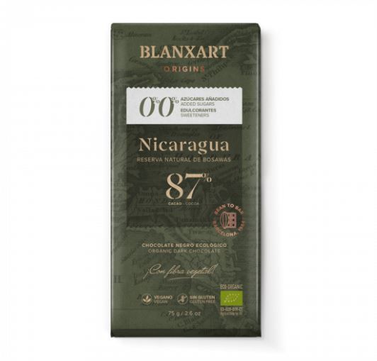 Tableta de Chocolate negro orgánico Nicaragua 87% cacao Tableta de chocolate negro ecológico Blanxart 87% cacao, de origen Nicaragua, sin azúcares ni edulcorantes.